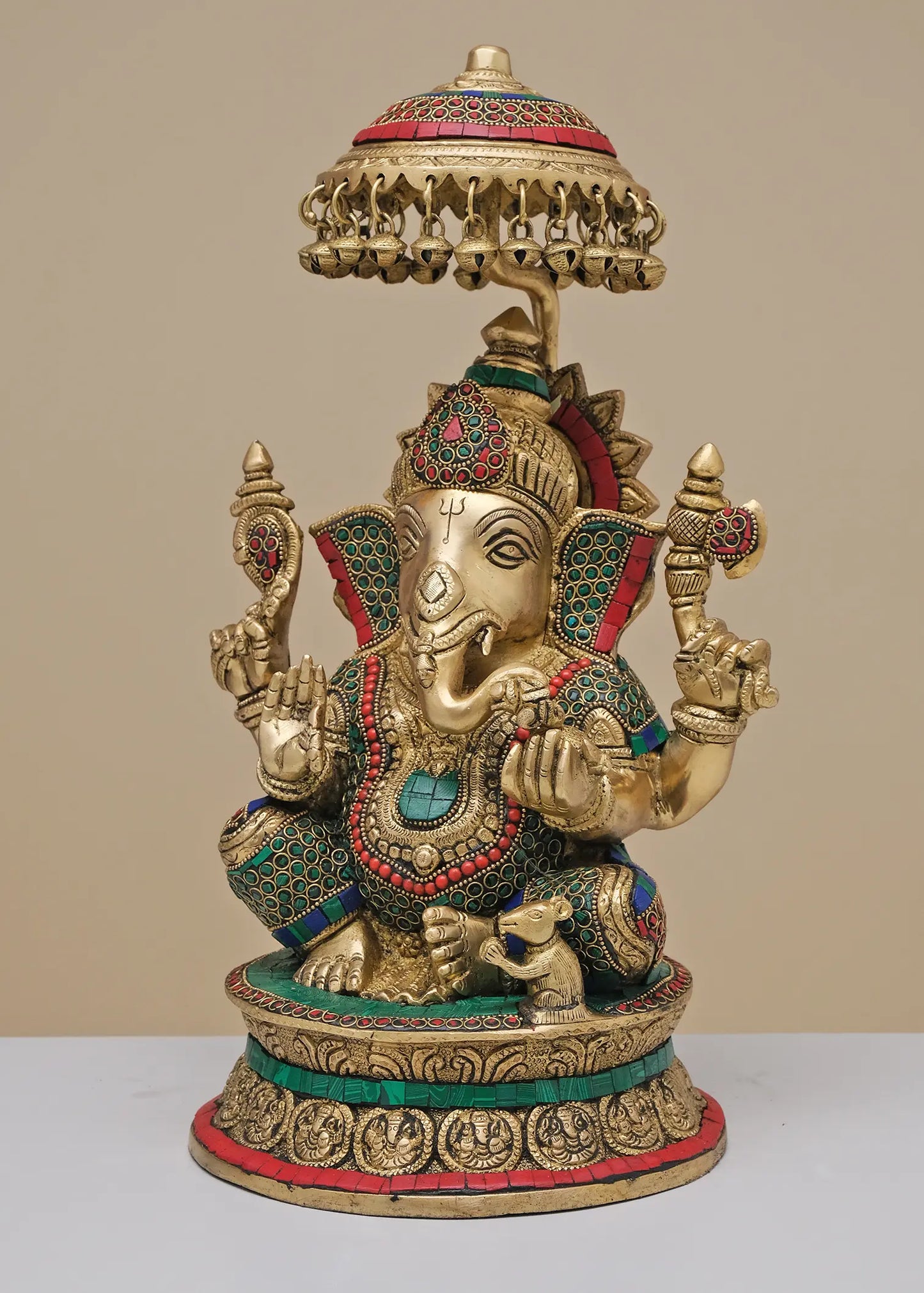 Brassaura™ King Lord Ganesha with Royal Umbrella | Pure Brass with Meenakari Inlay Work | Height 16 Inches & Weight 10.10 Kgs