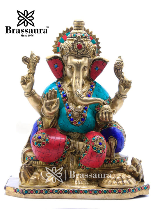 Brass Gem Stone Work Fruit Ganesha Statue For Home Decor And Gift Item Weight 10 Kg And Height 12 Inch