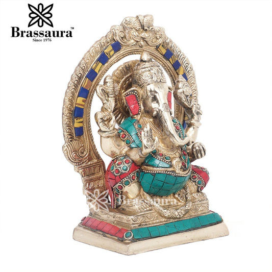 Brassaura™ Brass Gem Stone Work Ganesha Idol for Home and Decor | Weight 2.3 Kgs | Height 8.5 Inches