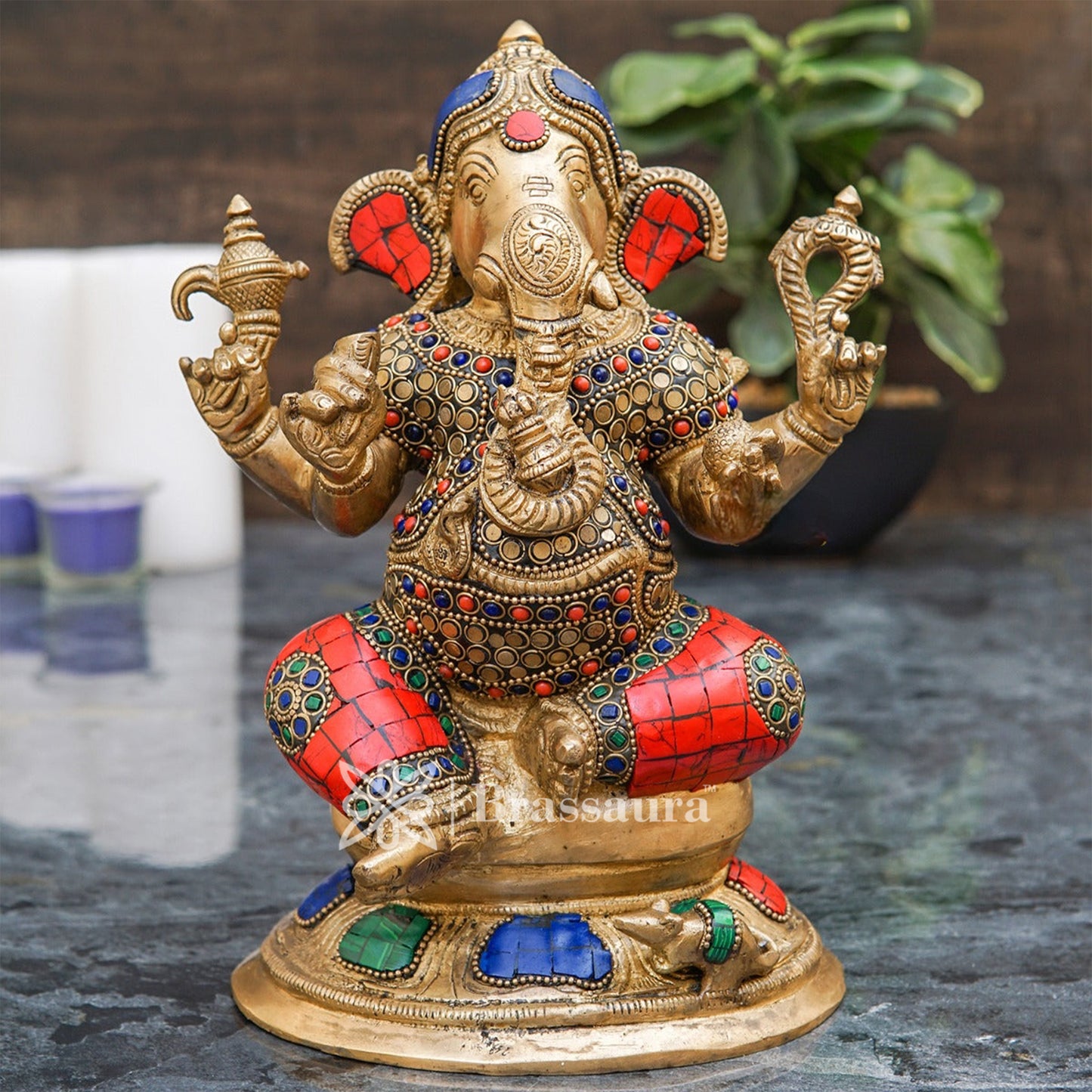 Brassaura™ Brass Gem Stone Work Ganesha Idol for Home and Decor | Weight 2.8 Kgs | Height 9 Inches