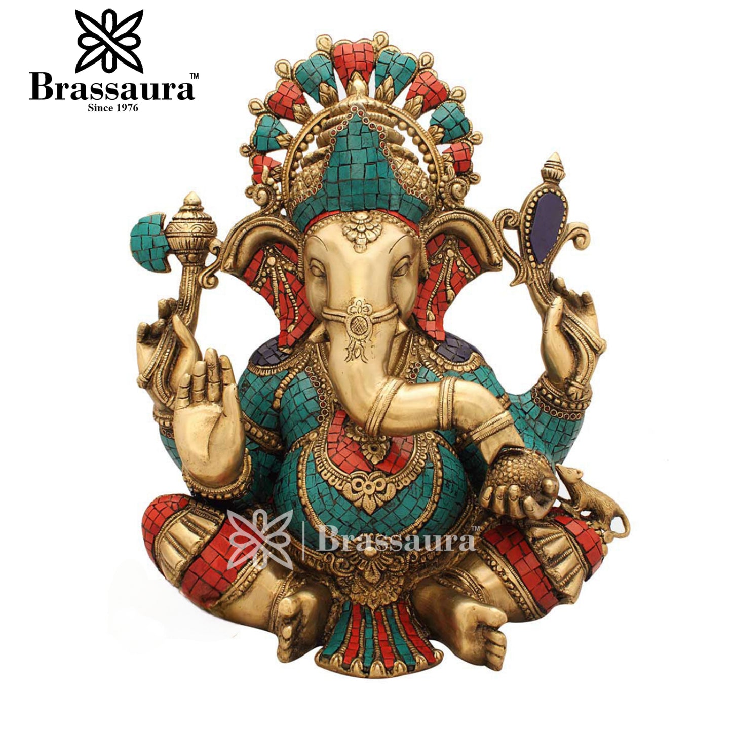 Brassaura™ Brass Chaturbhuj Sitting Ganesha Idol for Home and Decor | Weight 16.7 Kgs | Height 17.2 Inches