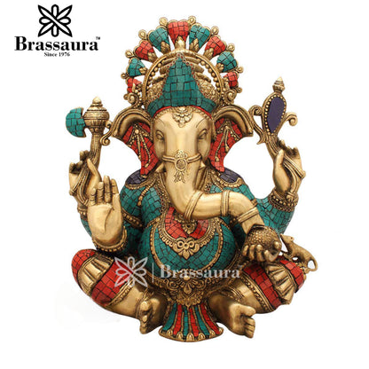 Brassaura™ Brass Chaturbhuj Sitting Ganesha Idol for Home and Decor | Weight 16.7 Kgs | Height 17.2 Inches