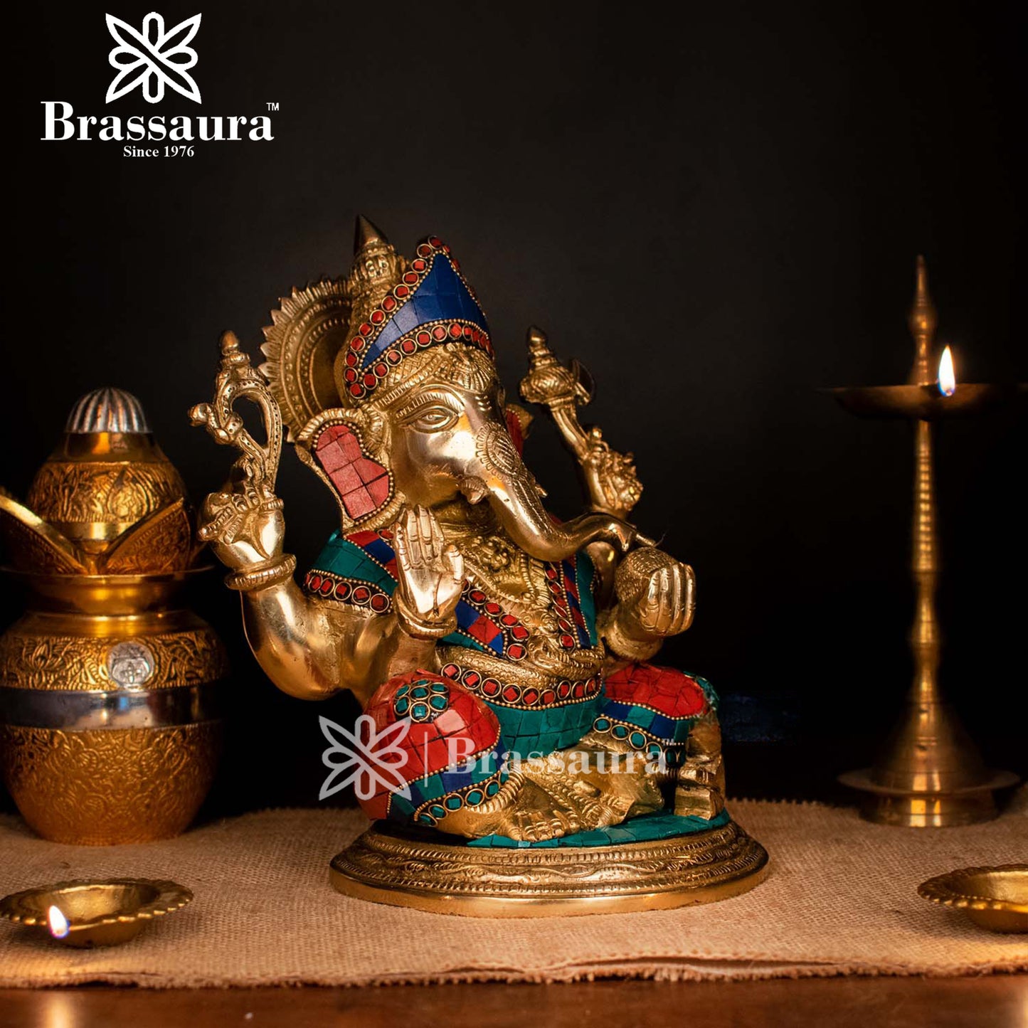 Brass Gem Stone Work Ganesha Statue For Home Decor And Gift Item Weight 6.8 Kg And Height 12 Inches