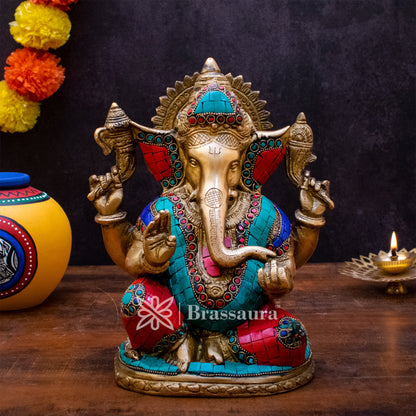 Brassaura™ Brass Gem Stone Work Ganesha Idol for Home and Decor | Weight 4.2 Kgs | Height 10 Inches