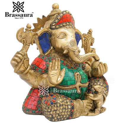 Brassaura™ Brass Gem Stone Work Ganesha Idol for Home and Decor | Weight 6 Kgs | Height 9 Inches