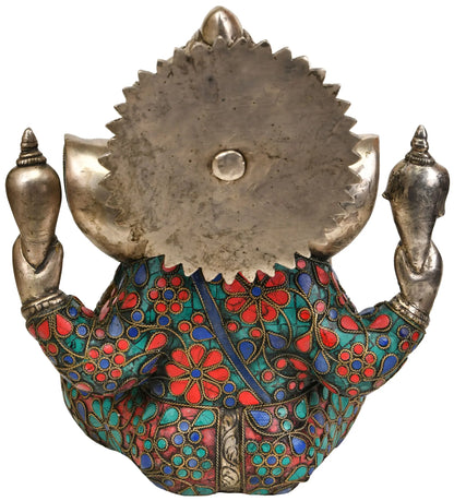 Brassaura™ Blessing Lord Ganesha | Brass with Intricate Stone Inlay | Height 9 Inches & Weight 5.50 kgs