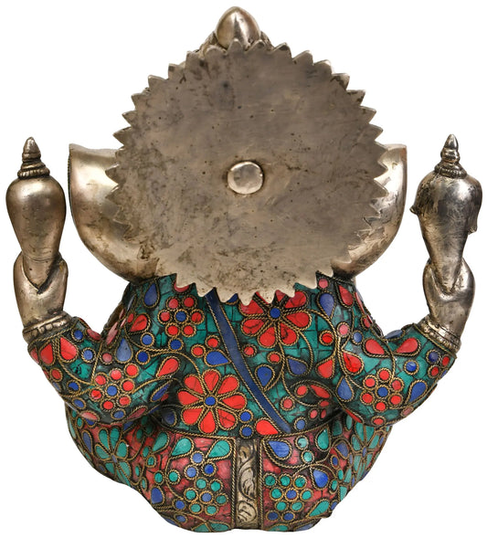 Brassaura™ Blessing Lord Ganesha | Brass with Intricate Stone Inlay | Height 9 Inches & Weight 5.50 kgs