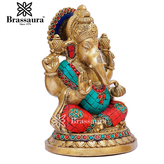 Brassaura™ Brass Gem Stone Work Ganesha Idol for Home and Decor | Weight 3 Kgs | Height 8 Inches