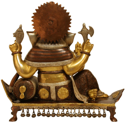 Brassaura™ Reclining Lord Ganesha on Chowki | Pure Brass Seated Idol | Height 16 Inches
