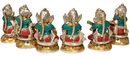 Brassaura® 7 Musician Ganesha with Choti (Set of 6) in Brass with Inlay Work | Height 7.5 Inches & Weight 12.80 kgs