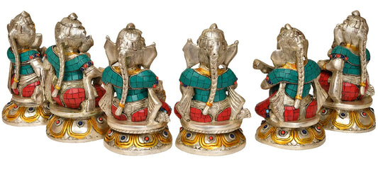 Brassaura® 7 Musician Ganesha with Choti (Set of 6) in Brass with Inlay Work | Height 7.5 Inches & Weight 12.80 kgs