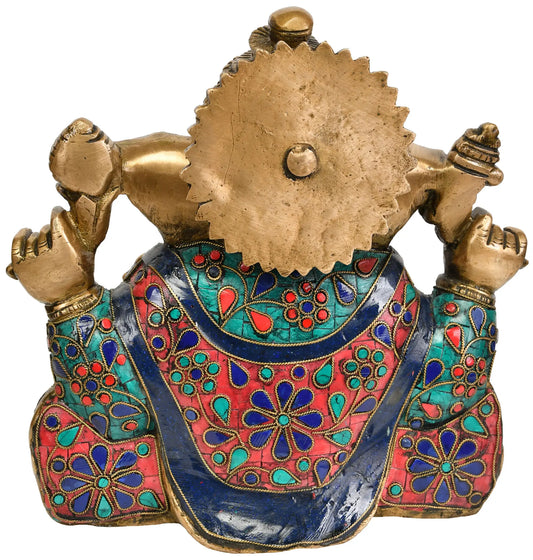 Brassaura™ Chaturbhuj Lord Ganesha with Inlay Work | Handcrafted Brass Idol | Height 9 Inches & Weight 5.37 kgs