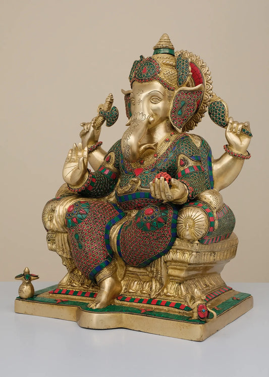 Brassaura™ सिंहासन पर विराजमान राजा गणेश | मीनाकारी जड़ाई के काम के साथ शुद्ध पीतल | ऊँचाई 18 इंच और वज़न 17.78 किलोग्राम