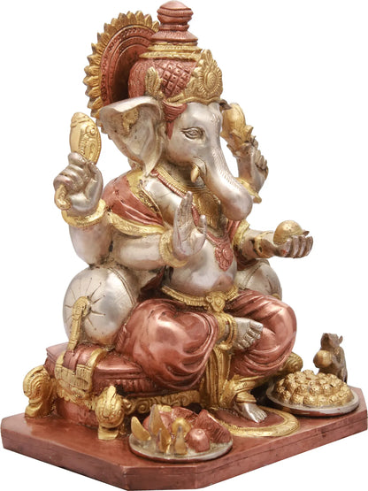 Brassaura™ Puja Ganesha with Offerings | Handcrafted Brass Idol with Dual Tone Finish | Height 12 Inches & Weight 8.60 kgs