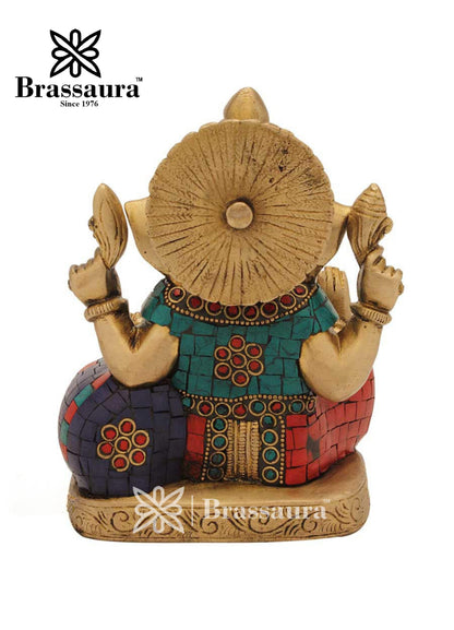 Brass Gem Stone Work Ganesha Statue For Home Decor Weight 2.4 Kg And Height 6 Inch