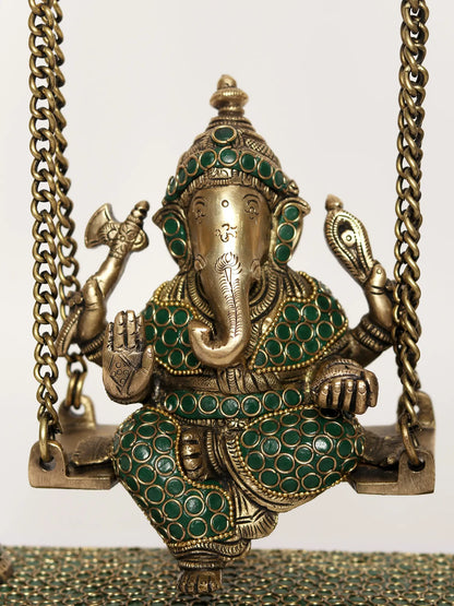 Brassaura® Jhula Ganesha with Ornate Pillars | Pure Brass with Meenakari Inlay Work | Height 16 Inches & Weight 6.94 kgs