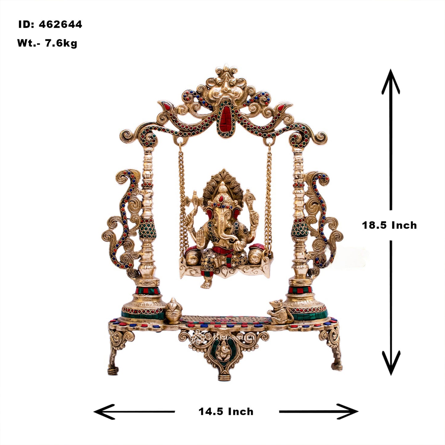 Brassaura™ Brass Gem Stone Work Ganesha Jhula Idol for Home and Decor | Weight 7.6 Kgs | Height 18.5 Inches