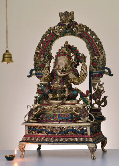Brassaura™ Lord Ganesha with Ornate Arch | Pure Brass with Meenakari Inlay Work | Height 27 Inches & Weight 26 Kgs