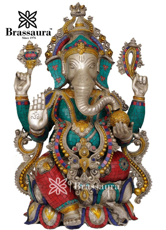 Brass Gem Stone Work Jewellery Ganesha Statue For Home Decor And Gift Item Weight 23 Kg And Height 22 Inch