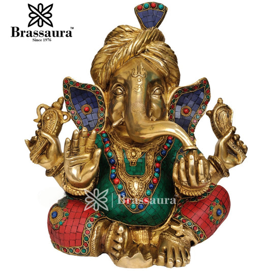 Brass Gem Stone Work Turban Ganesha Statue For Home Decor And Gift Item Weight 14 Kg And Height 14 Inch