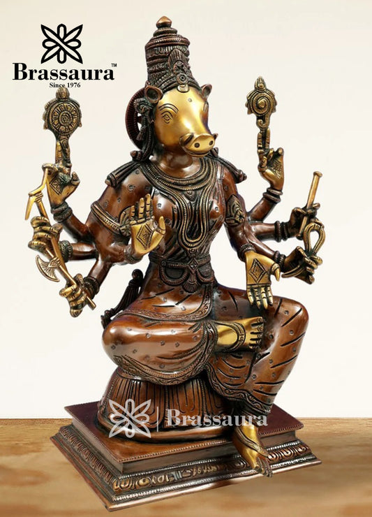 Brassaura™ Brass Varahi Idol – Height 14 Inches & Weight 6.5 Kgs | Meditation & Worship Space Accent