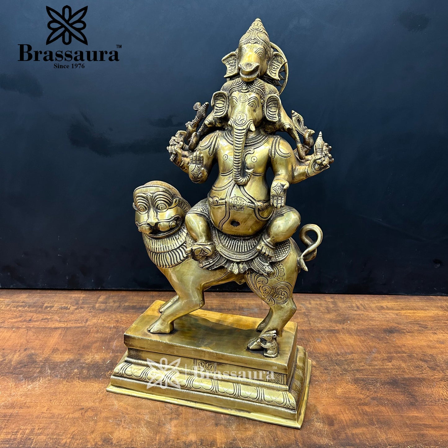 Brassaura™ Brass Ganesha & Lion Idol for Home and Decor | Weight 20.4 Kgs | Height 22.05 Inches