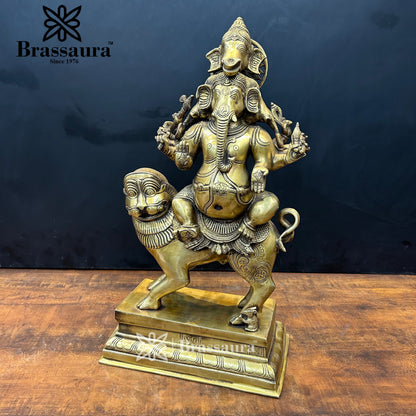 Brassaura™ Brass Ganesha & Lion Idol for Home and Decor | Weight 20.4 Kgs | Height 22.05 Inches
