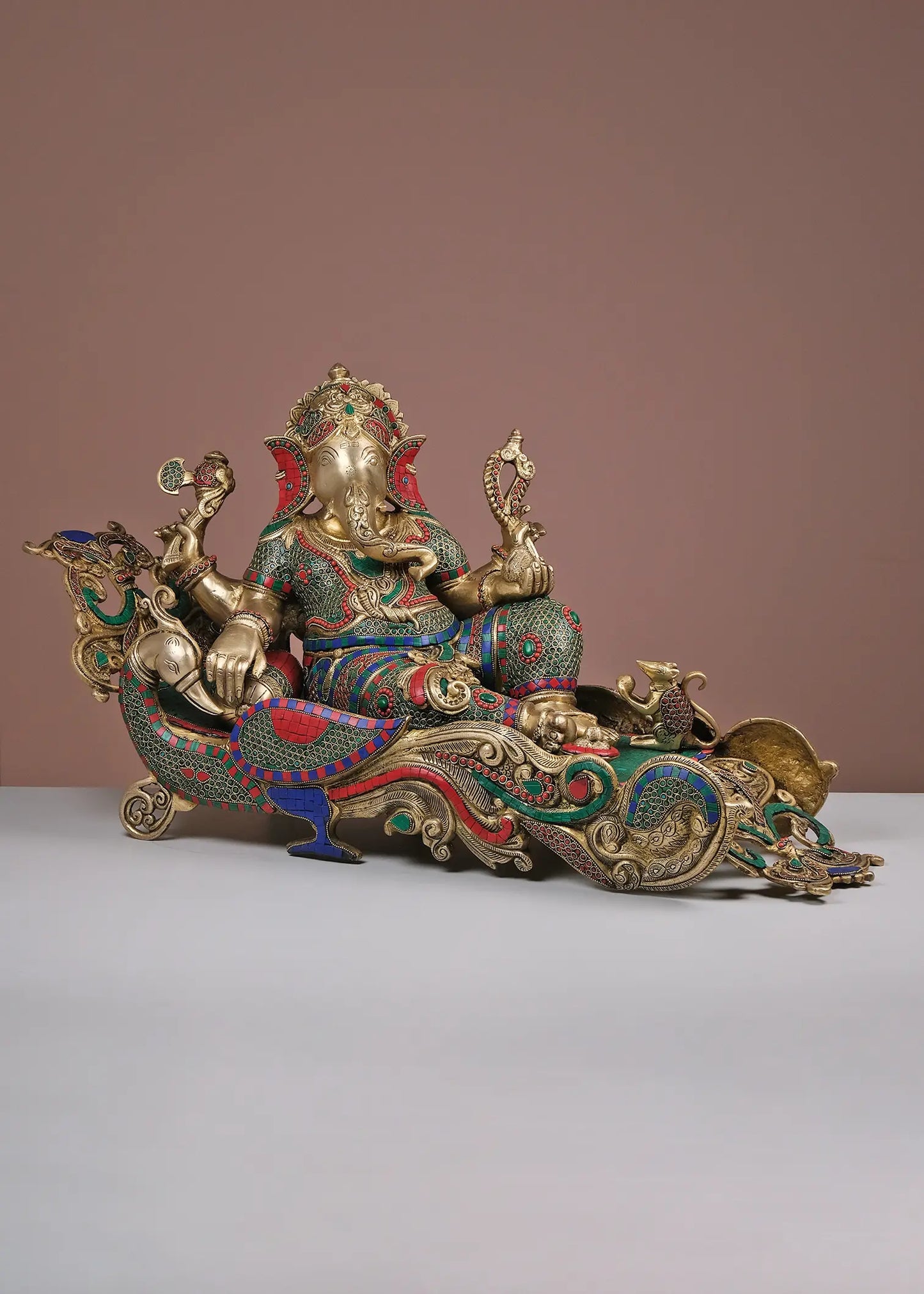 Brassaura™ Reclining Lord Ganesha Idol | Pure Brass with Meenakari Inlay Work | Height 17 Inches & Weight 13.35 Kgs