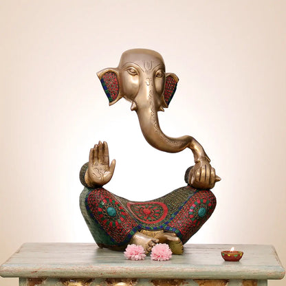 Brassaura™ Stylish Lord Ganesha Idol | Pure Brass with Meenakari Inlay Work | Height 18 Inches & Weight 11 Kgs