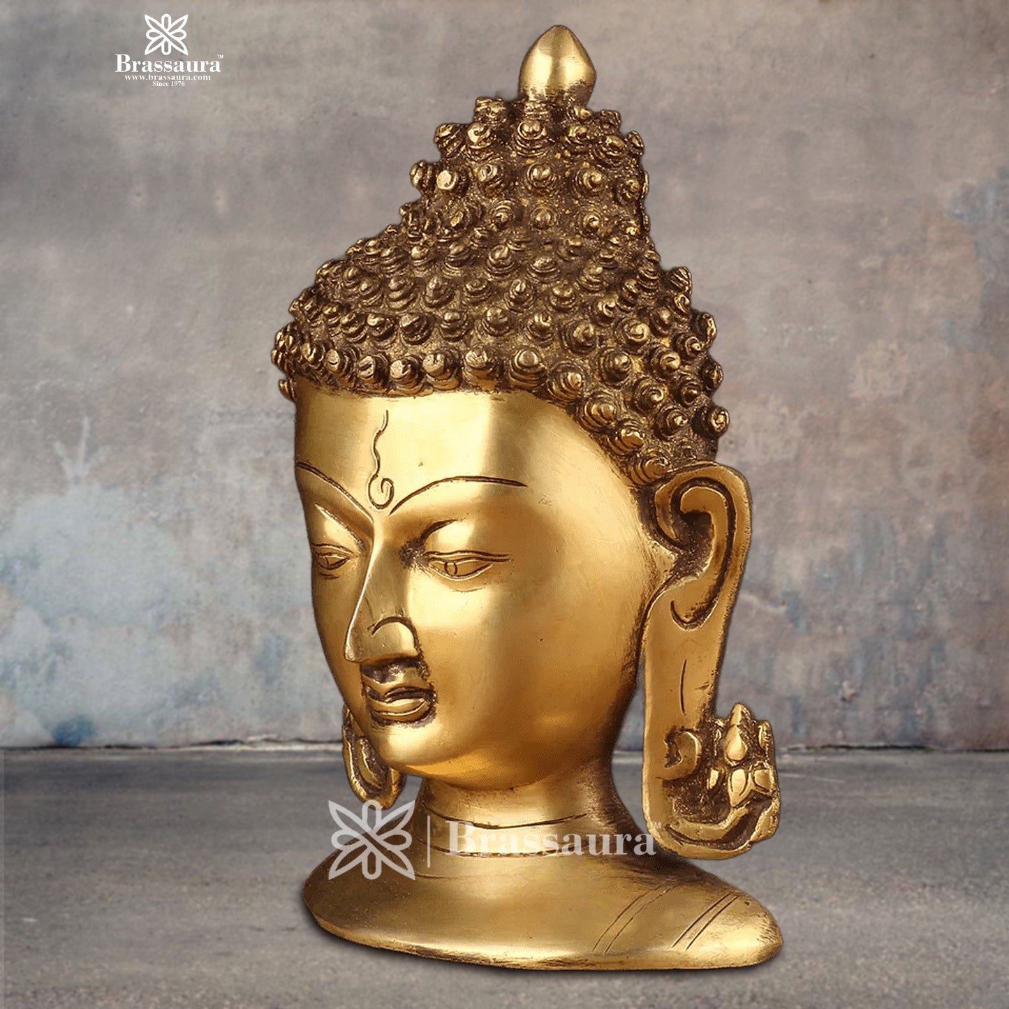 Brassaura® Golden Buddha Head | Pure Superfine Brass Handcrafted Murti | Brass Statue for Home Temple, Pooja Room | Height 8.5 Inches | Weight 1.8 Kg