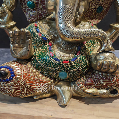 Brassaura™ Brass Gem Stone Work Ganesha Idol for Home and Decor | Weight 9 Kgs | Height 12 Inches