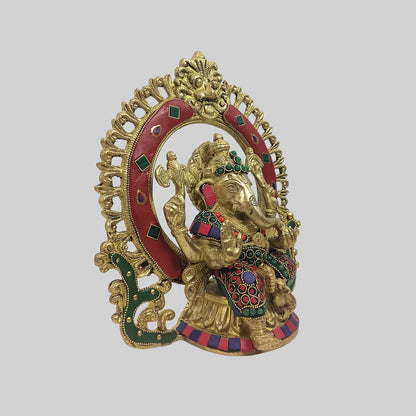 Brassaura® Lord Ganesha Brass Statue with Decorative Aureole | Stonework Finish | Height 8.7 Inches & Weight 2.5 Kgs