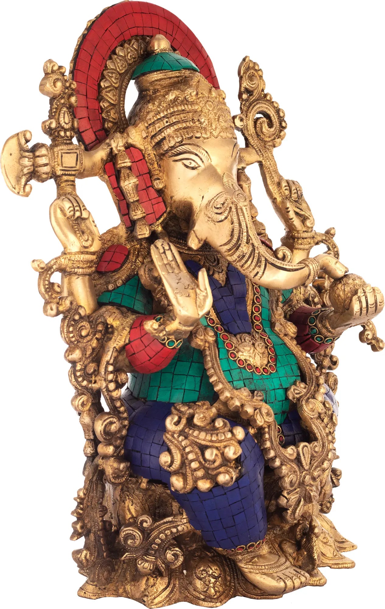 Brassaura™ Seated Lord Ganesha with Ornate Prabhavali & Inlay Work | Pure Brass with Meenakari Stonework | Height 15 Inches & Weight 13.30 kgs