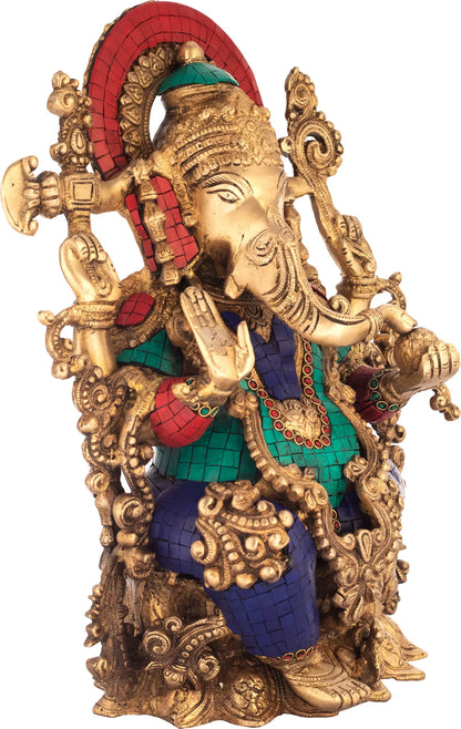 Brassaura™ Seated Lord Ganesha with Ornate Prabhavali & Inlay Work | Pure Brass with Meenakari Stonework | Height 15 Inches & Weight 13.30 kgs