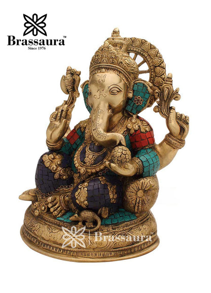 Brass Gem Stone Work Ganesha Statue For Home Decor Weight 10.7 Kg And Height 13 Inch