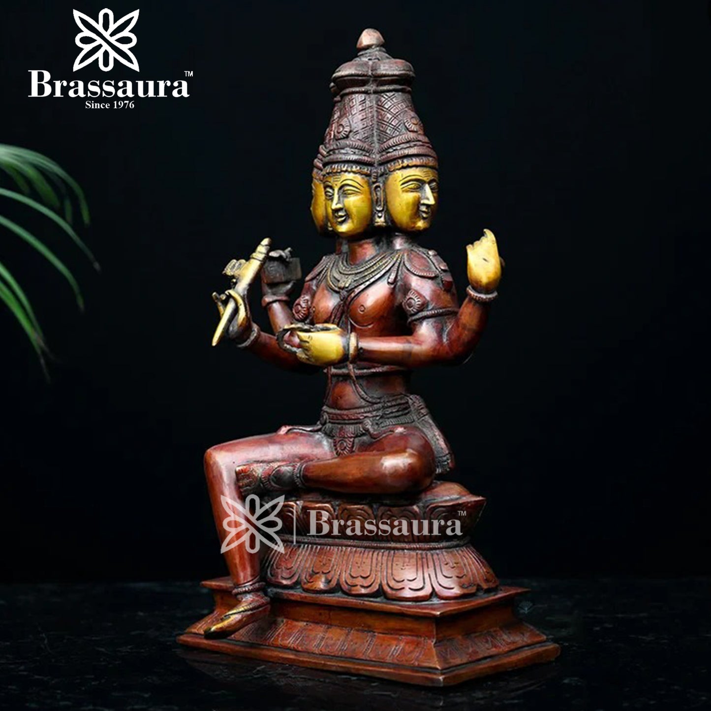 Brassaura™ Brass Brahma Dev Idol – Height 16 Inches & Weight 7.3 Kgs | Exquisite Brass Artwork for Spiritual Interiors