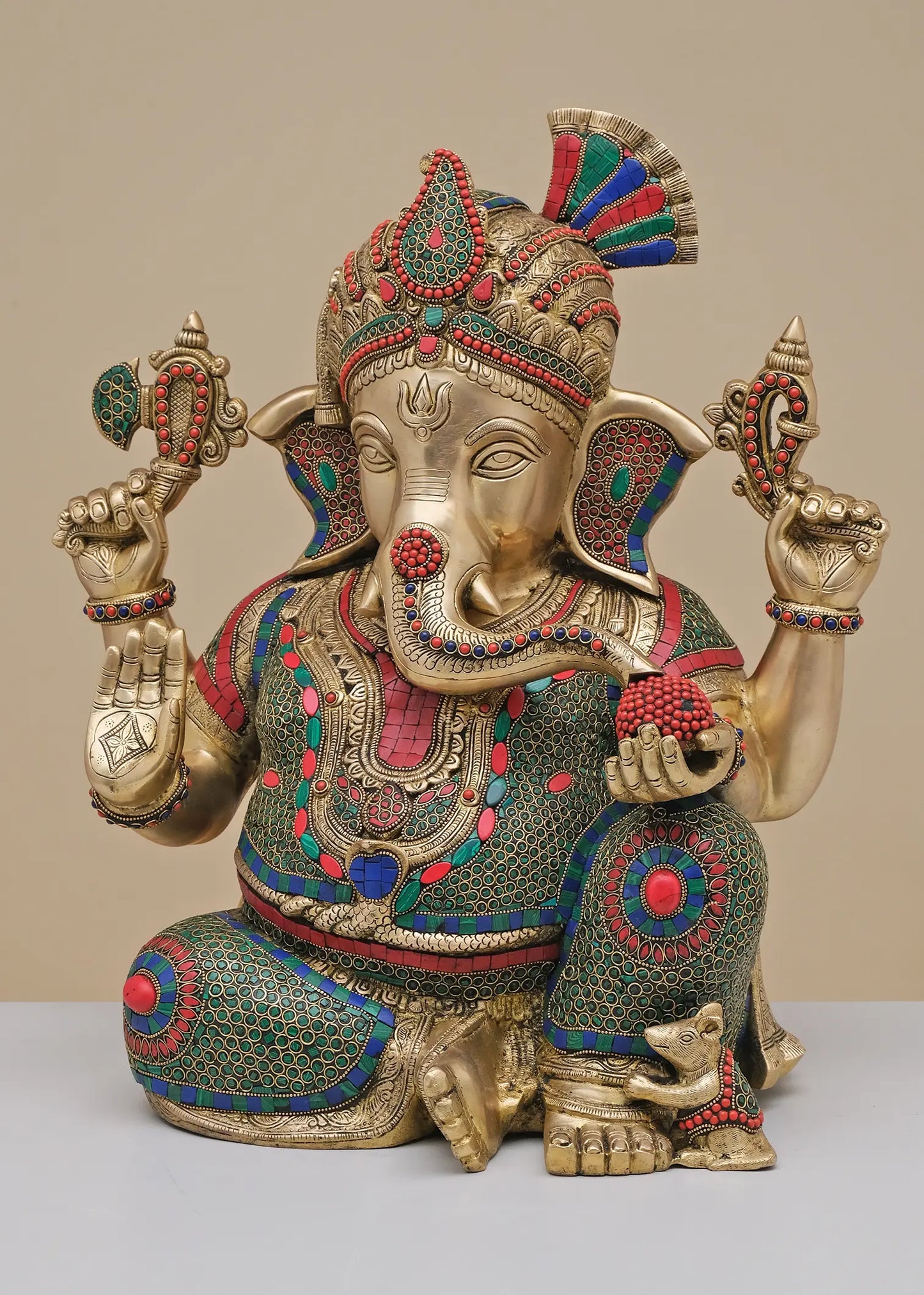 Brassaura™ Pagdi Lord Ganesha Idol | Pure Brass with Meenakari Inlay Work | Height 21 Inches & Weight 27.54 Kgs