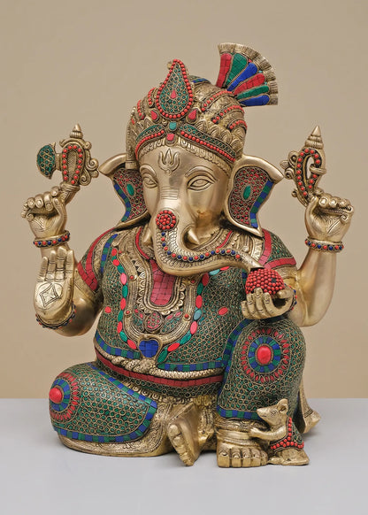 Brassaura™ Pagdi Lord Ganesha Idol | Pure Brass with Meenakari Inlay Work | Height 21 Inches & Weight 27.54 Kgs
