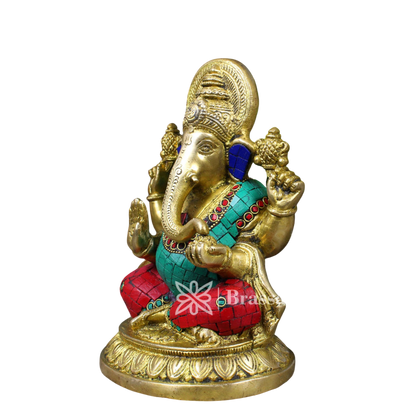 Brassaura™ Brass Gem Stone Work Ganesha Idol for Home and Decor | Weight 2.9 Kgs | Height 8.5 Inches