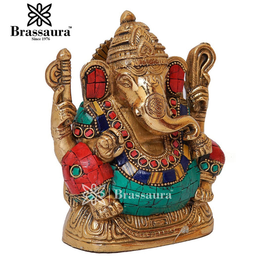 Brass Gem Stone Work Ganesha Statue For Home Decor And Gift Item Weight 1.4 Kg And Height 5.5 Inches
