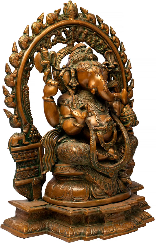 Brassaura® Lord Ganesha on Lotus Throne with Ornate Aureole | Handcrafted Brass Sculpture | Height 18 Inches & Weight 14.90 kgs