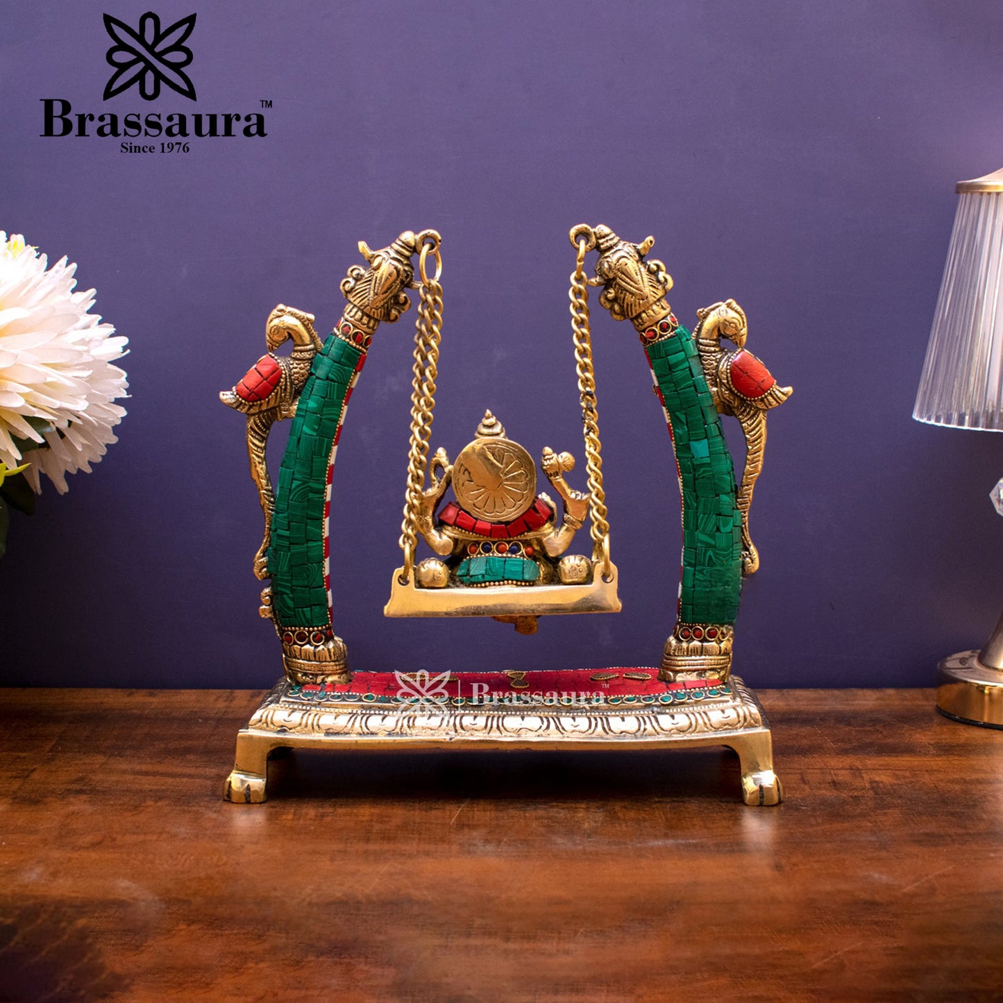 Brassaura™ Brass Gem Stone Work Ganesha Jhula Idol for Home and Decor | Weight 3.37 Kgs | Height 9.5 Inches