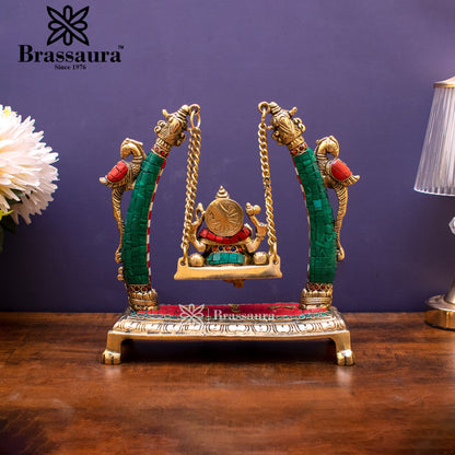 Brassaura™ Brass Gem Stone Work Ganesha Jhula Idol for Home and Decor | Weight 3.37 Kgs | Height 9.5 Inches