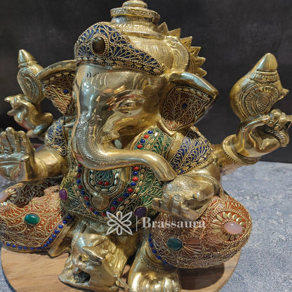 Brassaura™ Brass Gem Stone Work Ganesha Statue for Home and Decor | Weight 12.2 Kgs | Height 16 Inches