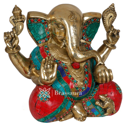 Brass Gem Stone Work Ganesha Statue For Home Decor And Gift Item Weight 8.5 Kg And Height 9 Inch