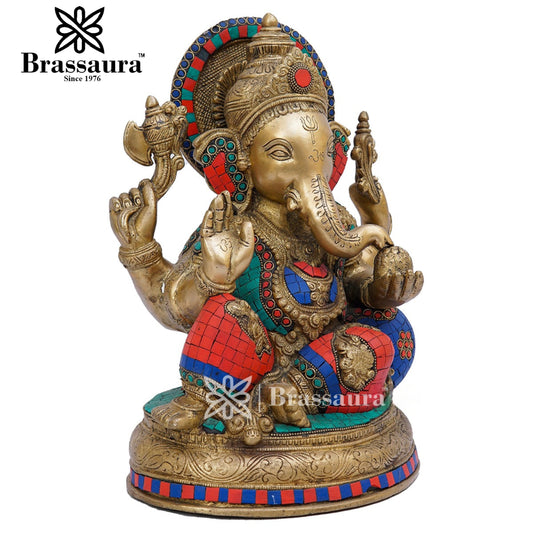 Brassaura™ Brass Gem Stone Work Ganesha Idol for Home and Decor | Weight 11.8 Kgs | Height 13 Inches