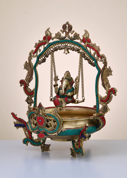 Brassaura™ Brass Ganesh Urli with Jhula & Stone Inlay Work for Grand Entrance Decor | 24 Inches | 14.25 kgs