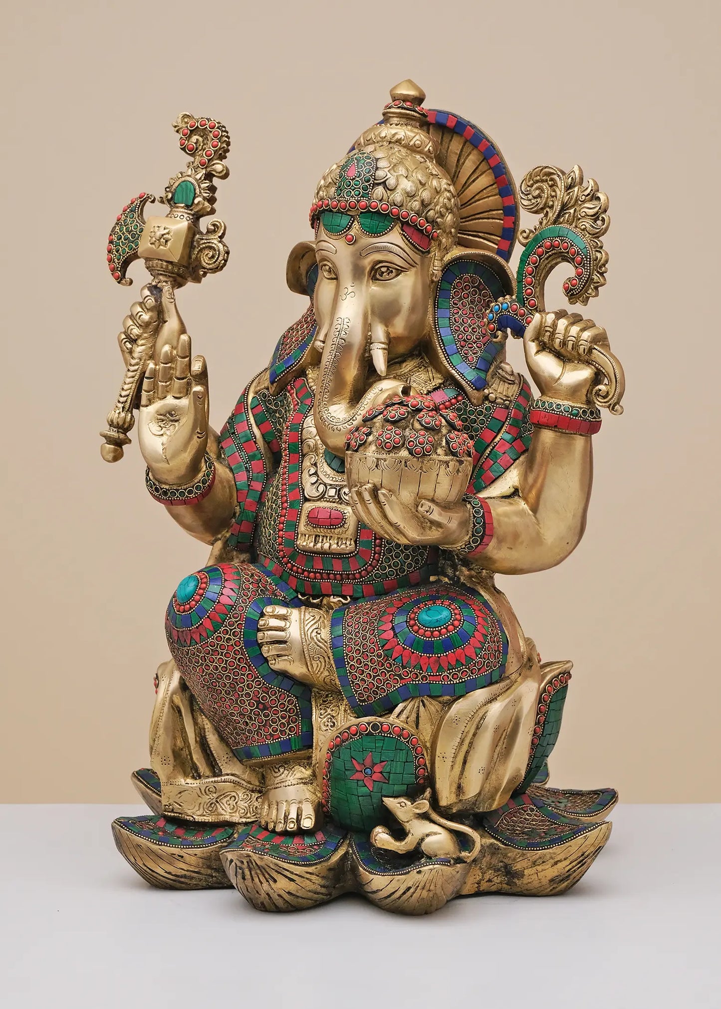 Brassaura™ Lord Ganesha Seated on Lotus | Pure Brass with Meenakari Inlay Work | Height 24 Inches & Weight 32.44 Kgs