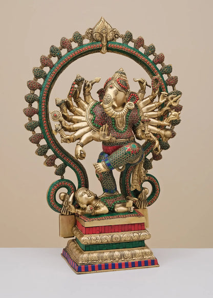 Brassaura™ Dancing Lord Ganesha with Prabhavali | Pure Brass with Meenakari Inlay Work | Height 26 Inches & Weight 22.24 Kgs