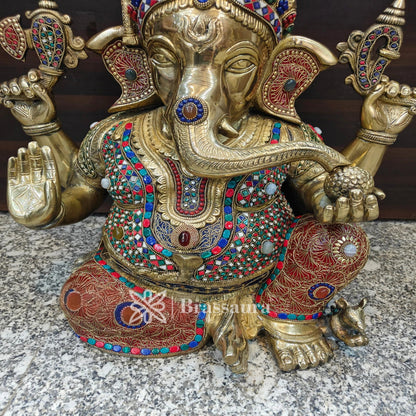 Brassaura™ Brass Gem Stone Work Ganesha Statue for Home and Decor | Weight 27 Kgs | Height 20 Inches